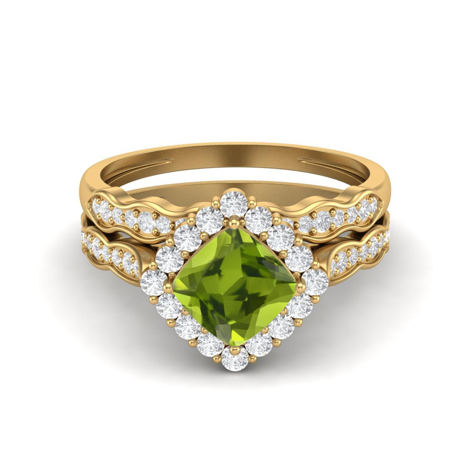 6mm Cushion Peridot 925 Sterling Silver Gold Vermeil Dual Shank Halo Accents Women Wedding Ring 9 жёлтый