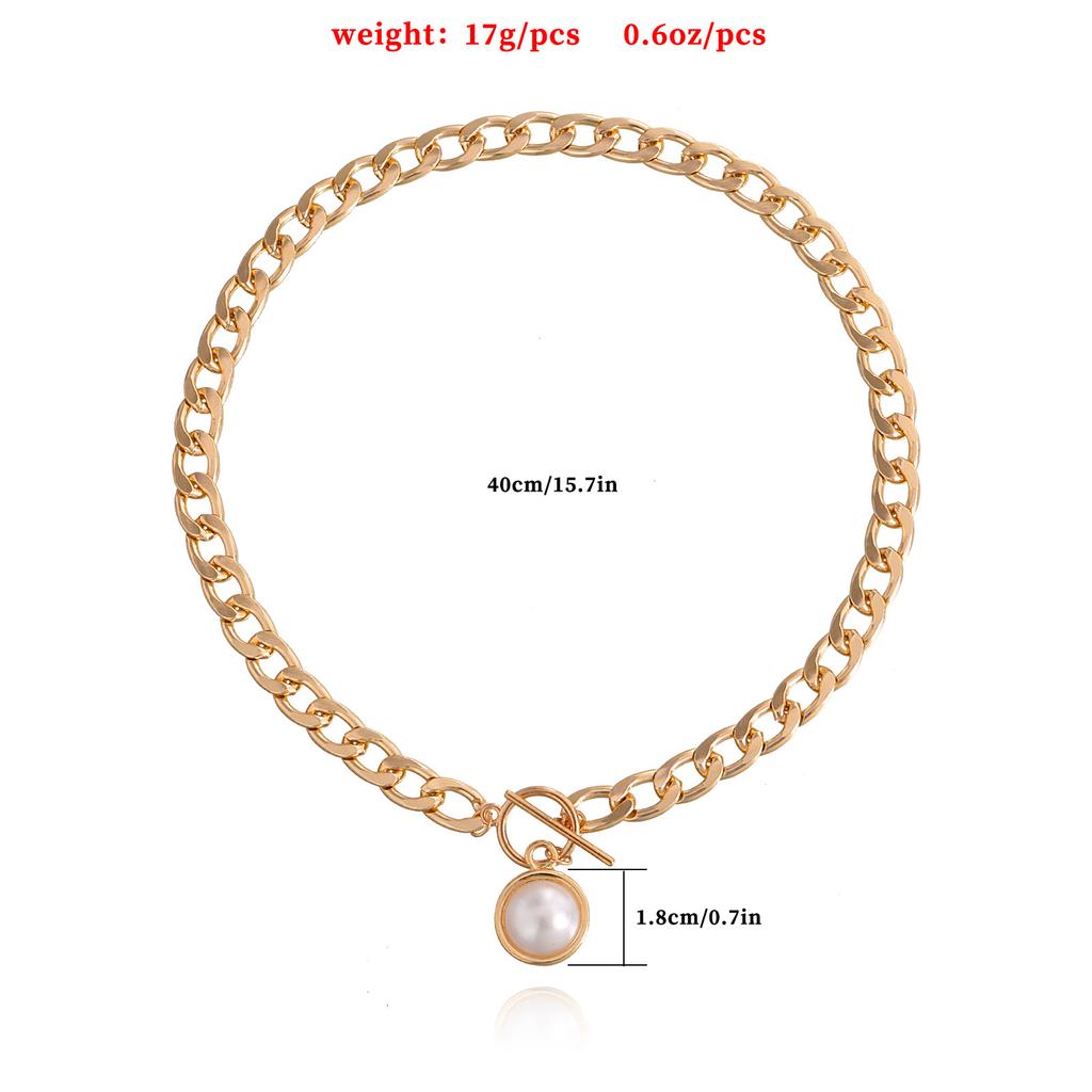 Simple Cuban thick chain OT buckle pearl pendant necklace, punk ins trend item.