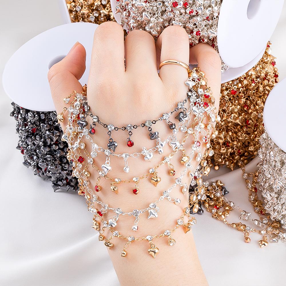 1Meter Colorful Metal Peach Heart Charms Chain Crystal Beads Pendants Copper Chains Women Jewelry Making DIY Necklaces Bracelets