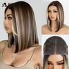 Noble Synthetic Lace Front Wigs For Women 12 Inch Pre Plucked Pre-Cut Ombre Brown Blonde Straight Layered Bob Wig Cosplay Wig