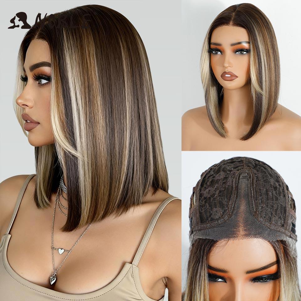 Noble Synthetic Lace Front Wigs For Women 12 Inch Pre Plucked Pre-Cut Ombre Brown Blonde Straight Layered Bob Wig Cosplay Wig