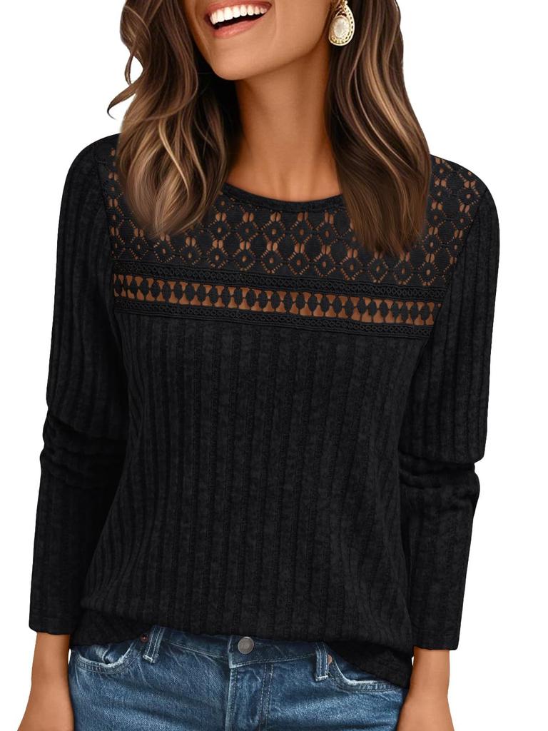 Women's Round Neck Long Sleeve Knit Top with Lace Insert and Contrast Band