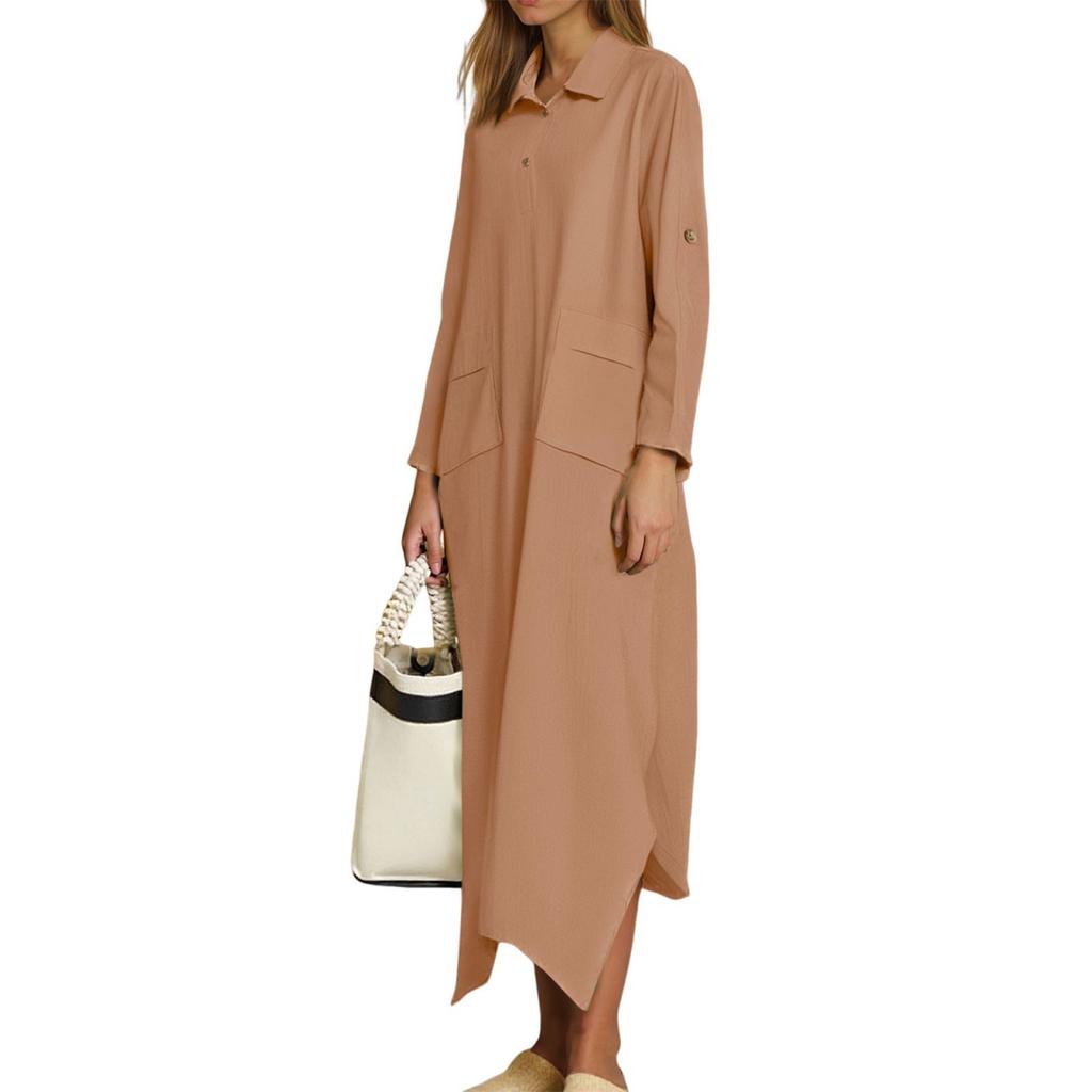 Women's Casual Solid Color Cotton And Linen V-Neck Long Sleeve Button Midi Dress