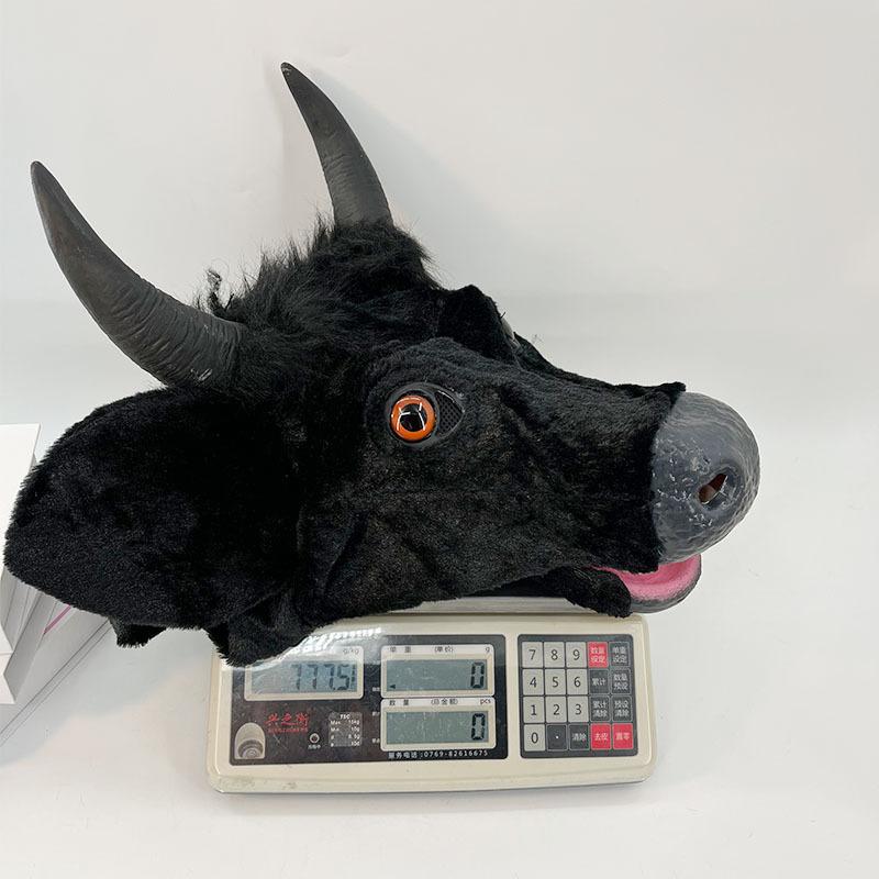 Halloween scary moving mouth bull head mask, demon bull mask, bull horns, skull, animal, black bull headgear, plush