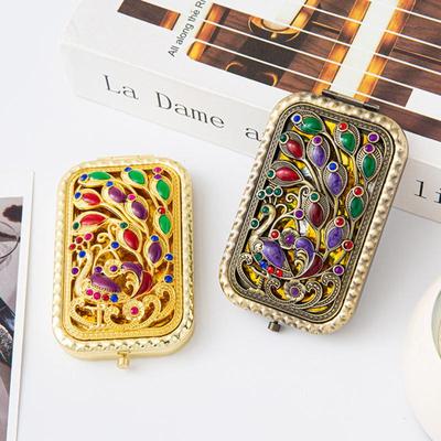 Foldable Retro Handheld Makeup Mirror Peacock Printed Compact Pocket Mirror Double Sided Rectangular Makeup Dressing Mirror