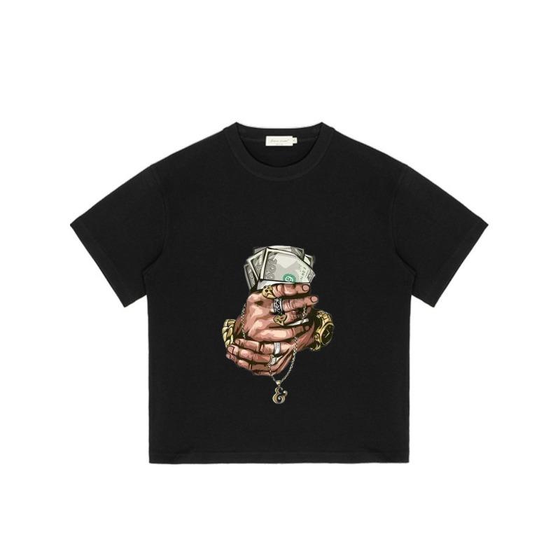 Black T Shirt with Hands Holding Money and Chain Pendant Print for Casual Streetwear Style