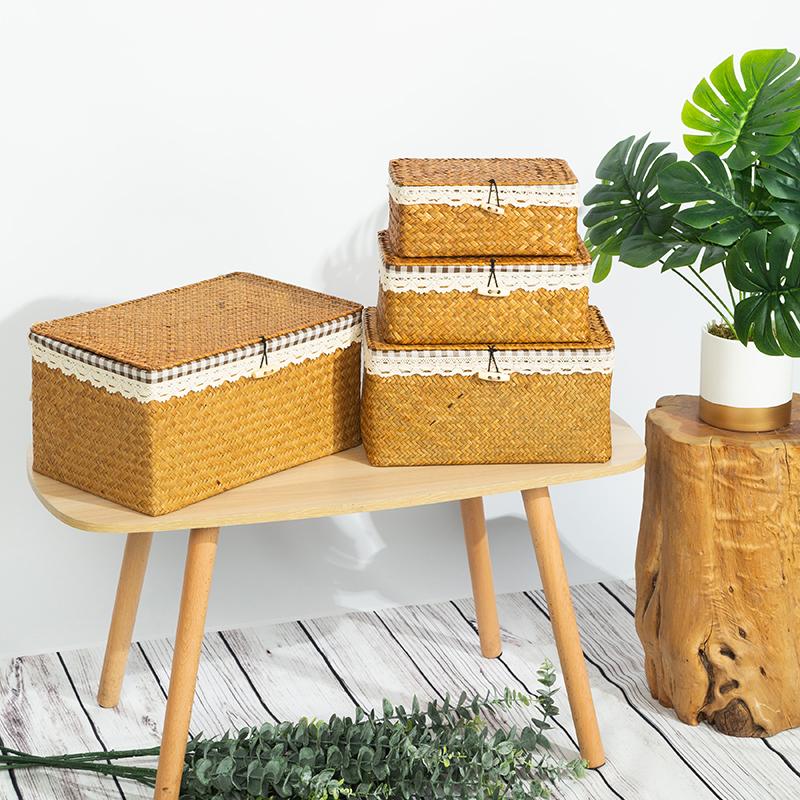 Wicker Basket with Lids Nautral Seagrass Storage Box Basket Woven Rectangular Bins Container Rattan Storage Organizer
