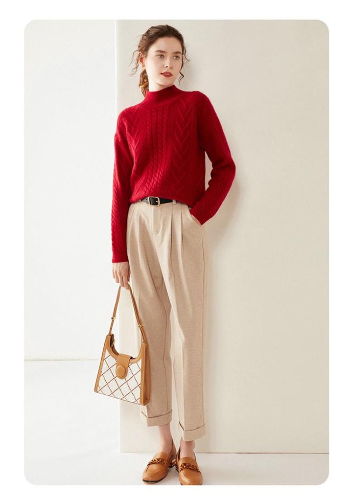 Women's Heavyweight Cable Knit 100% Pure Cashmere Half-High Collar Sweater