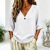 Women's V-Neck Button Down Three-Quarter Sleeve Casual Blouse, Color Loose Fit Top