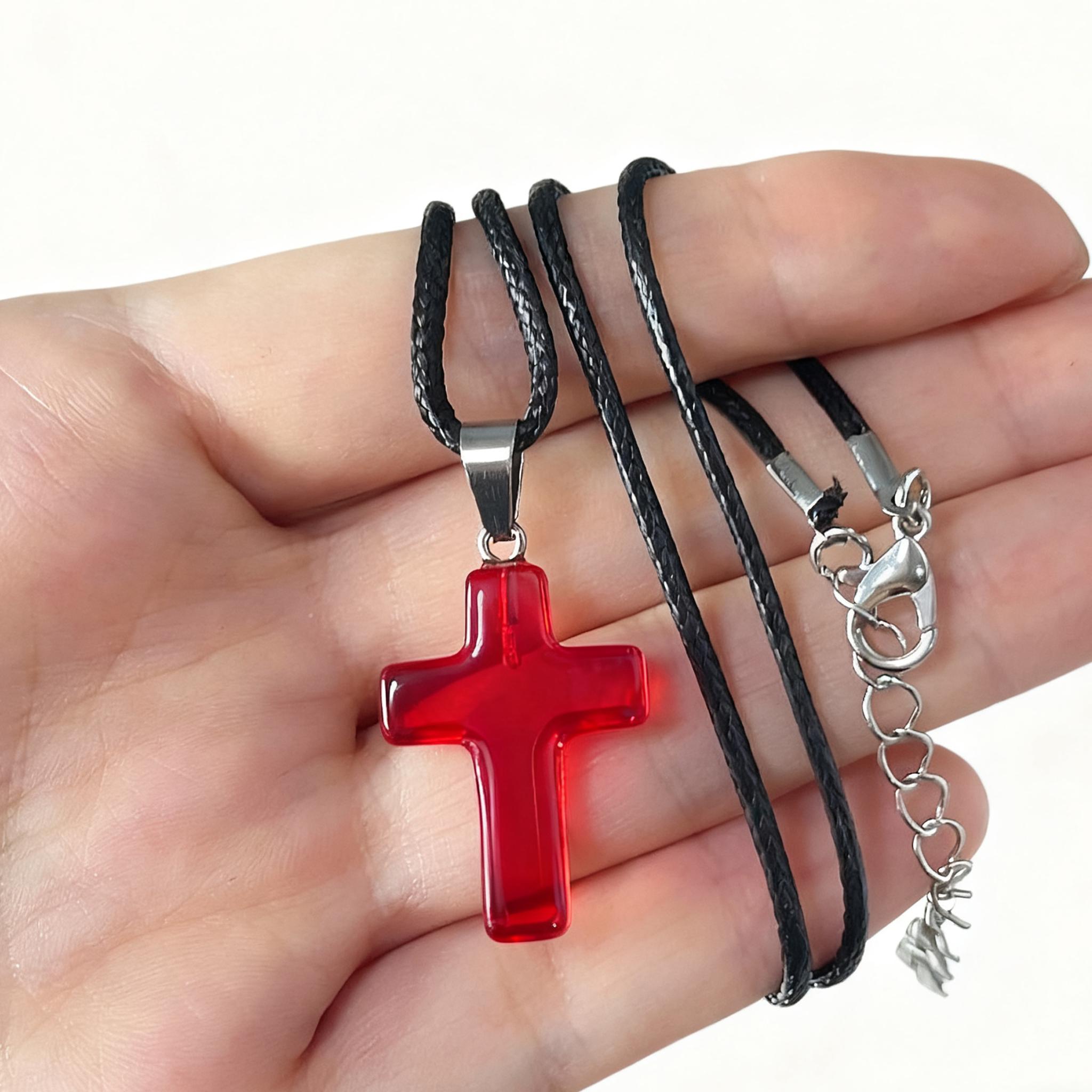 Gothic Vintage Red Glass Cross Pendant Rope Chain Necklace For Women Men Aesthetic Jewelry Accessories красный