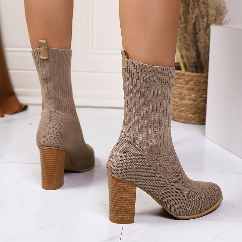 

Autumn and winter new fly-woven thick-heeled short boots women s pointed elastic socks boots high-heeled fashion single boots 43 хакі