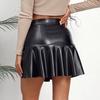 Women High Waist Bodycon PU Leather Skirts Office Ladies Bandage Ruffles Mini Skirt