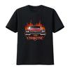 Classic Red Vintage Car T Shirt Black With Fiery Flames Design Chrstine License Plate Bold Script Below Crew Neck Vintage