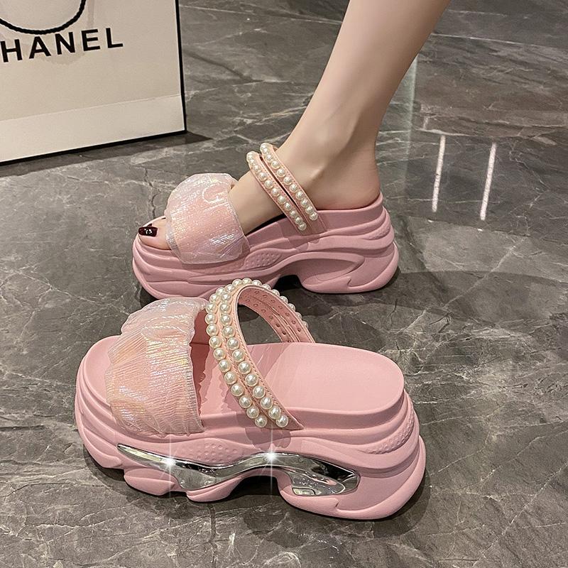 Fashion Women Summer Sandals Beach Shoes New Crystals Flip-Flops Wedge Heel Shoes Woman High Platform Bling Slippers Outside Sandals 8CM