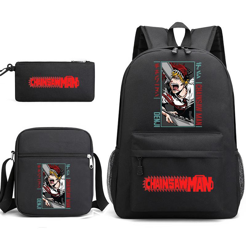 Chainsaw Man Print Student Backpack Set with Crossbody Bag and Pencil Pouch for Boys Girls Daily Use