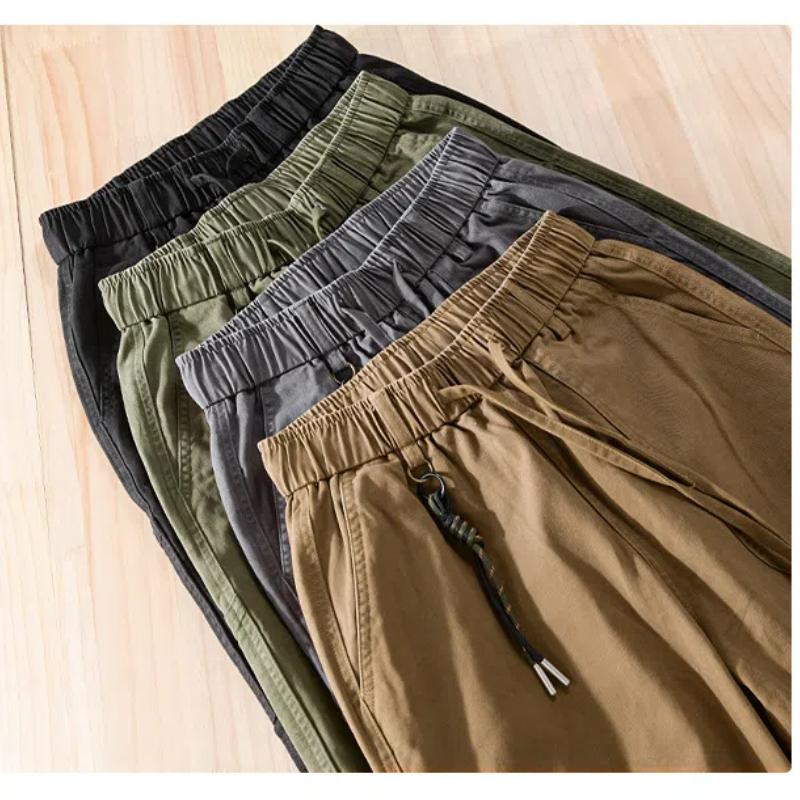 American Cargo Pants Autumn Pure Cotton Comfortable Casual Men Pants Elastic Waist Black Ankle Tied Pant Vintage Men Trousers