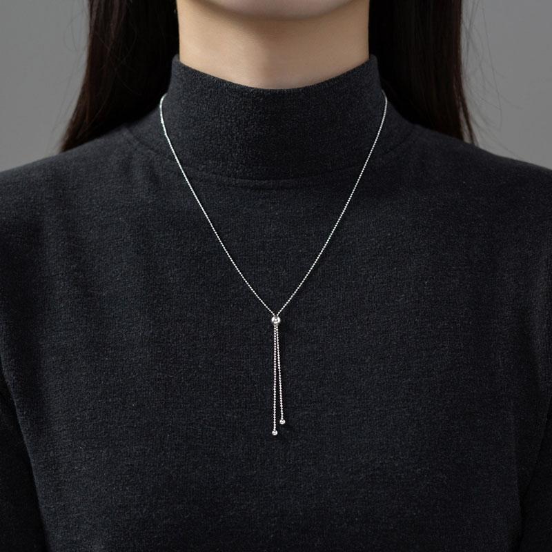 925 Sterling Silver Long Simple Glossy Beads Adjustable Sweater Chain Necklace for Women Jewelry