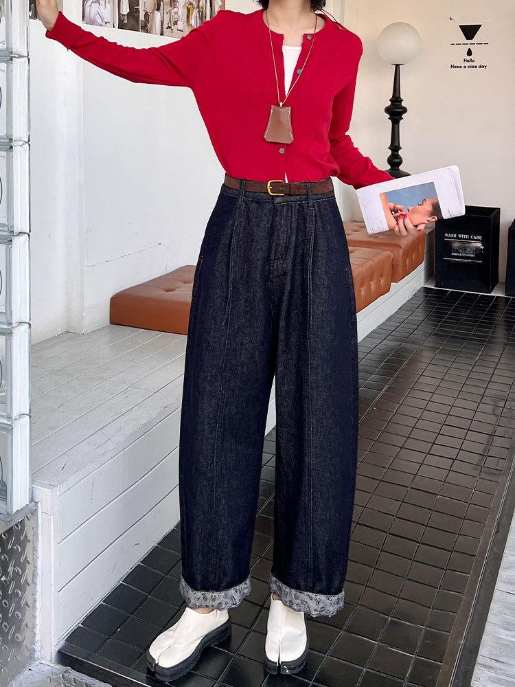 

Women s Dark Blue Retro High Waist Straight Leg Jeans - Petite Fit, Slimming, Cropped, Loose for Autumn and Winter. XXL