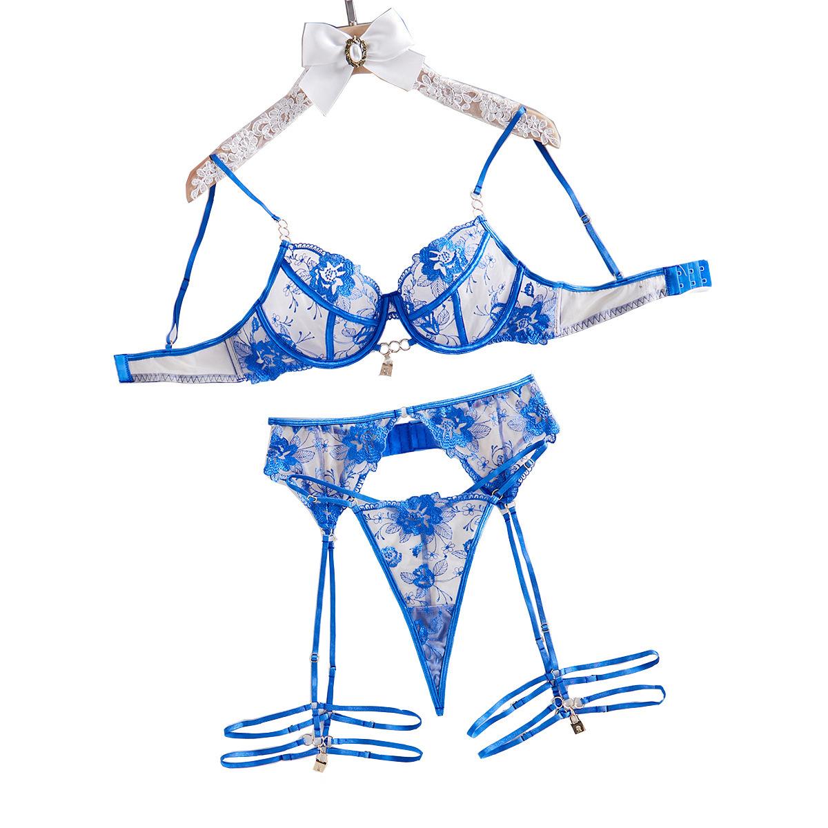 Sexy Blue Women s Bra Set Sheer Embroidered Lingerie Set Push-up Breathable Underwear Set S синий