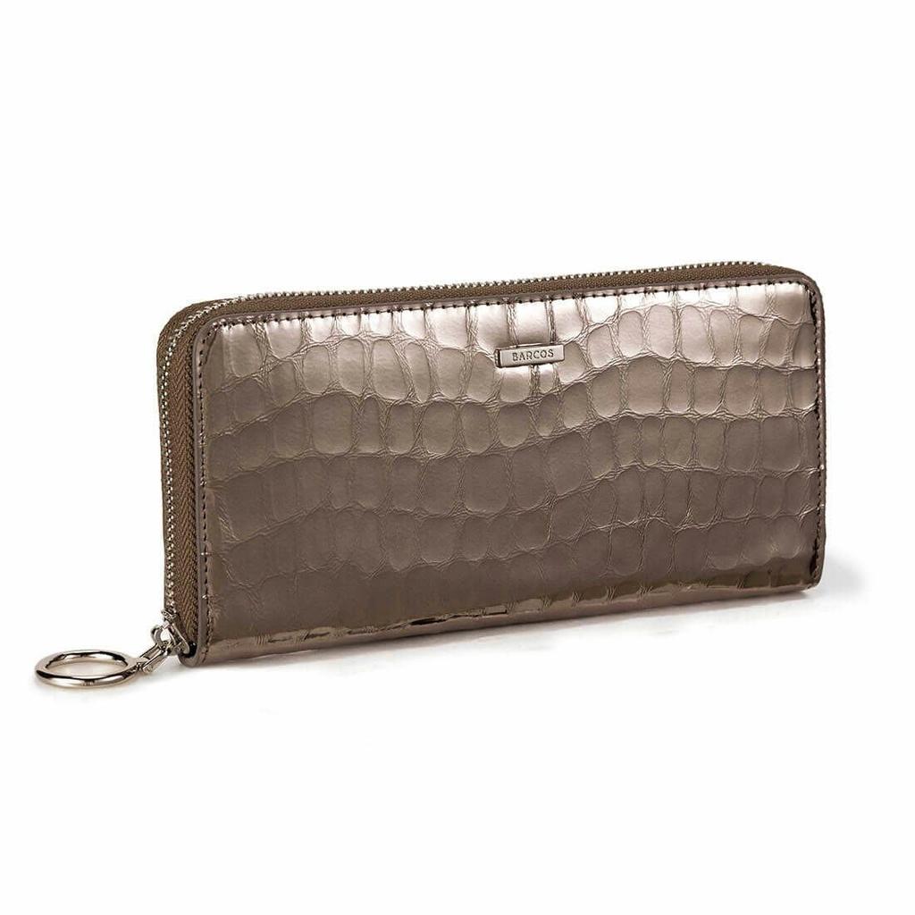 Barcos Shining Leather Long Wallet for Women, Crocodile Embossed, with Card Case, 12 Card Pockets, Bill Compartment, Coin Purse, Wide Round Zipper,