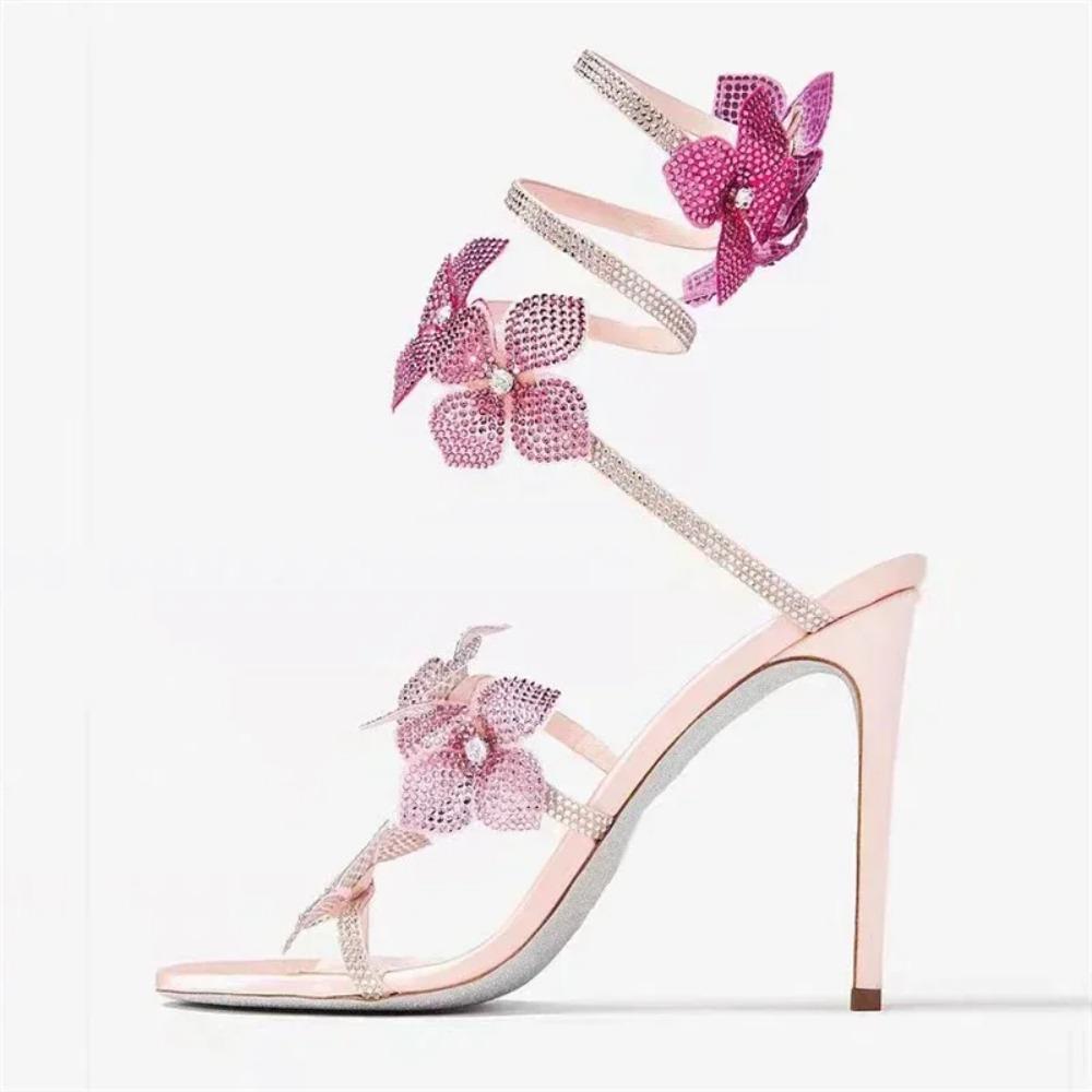Diamond Flower Snake Shaped Winding Belt High-heeled Sandals Round Toe Exposed Toe Roman Sandals Sandalias Mujer 35 розовый