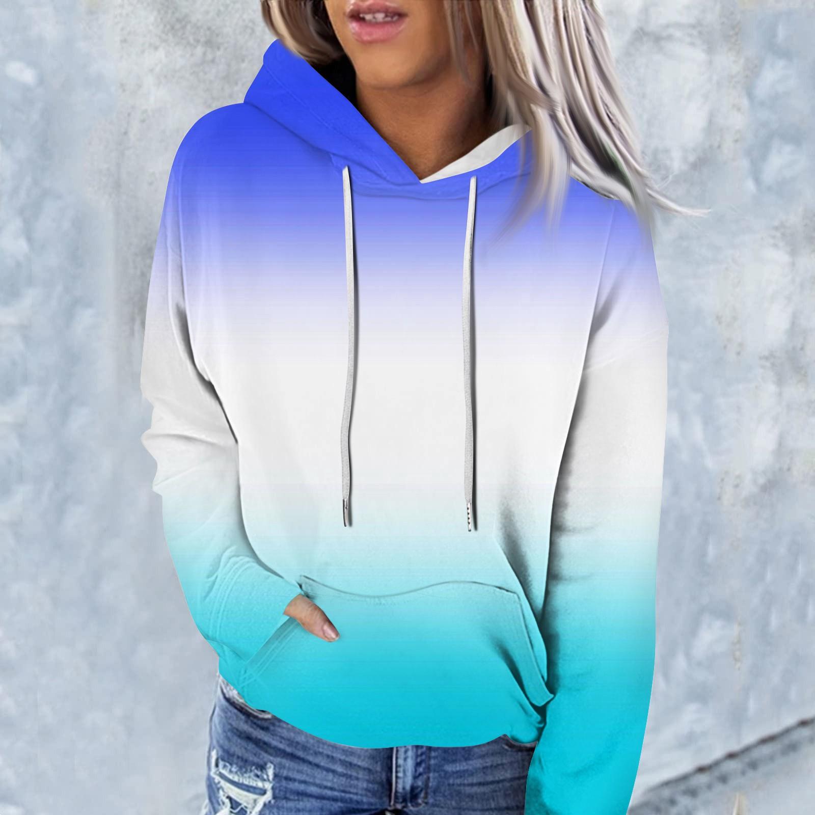 Women s Fashion Casual Long Sleeve Gradient Print Hooded Sweatshirt XL циан