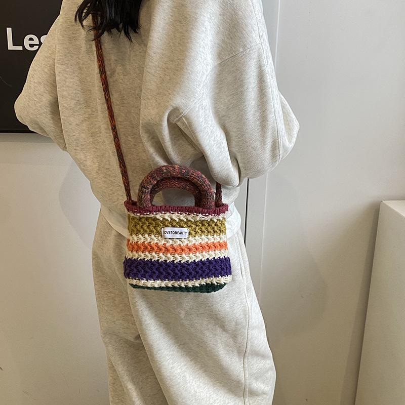 Korean Simple Hand-carried Small Square Bag Women's New Rainbow Wool Knitted Shoulder Bag Trendy and Contrasting Color Messenger Bag