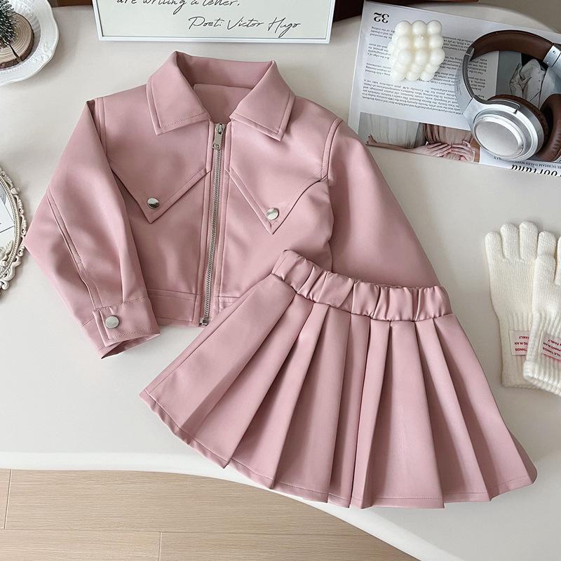 Girls' Spring/Fall PU Leather Set - Korean-Style Biker Jacket + Pleated Skirt Solid Color Simple Two-Piece Set