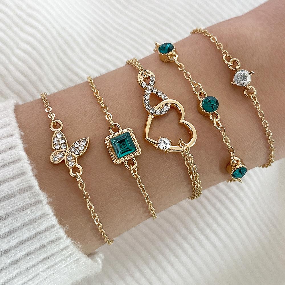 

5Pcs/Set Halloween Heart Green Crystal Stone Bracelet Set for Women Gold Color Lovely Butterfly Rhinestone Girls Bracelet Set золотой