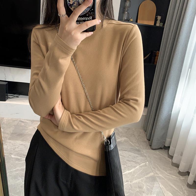 

Women s Solid Color Korean Style Long-Sleeve T-Shirt - Round Neck, Straight Shoulder, Casual Spring/Autumn Base Layer 2XL чёрный