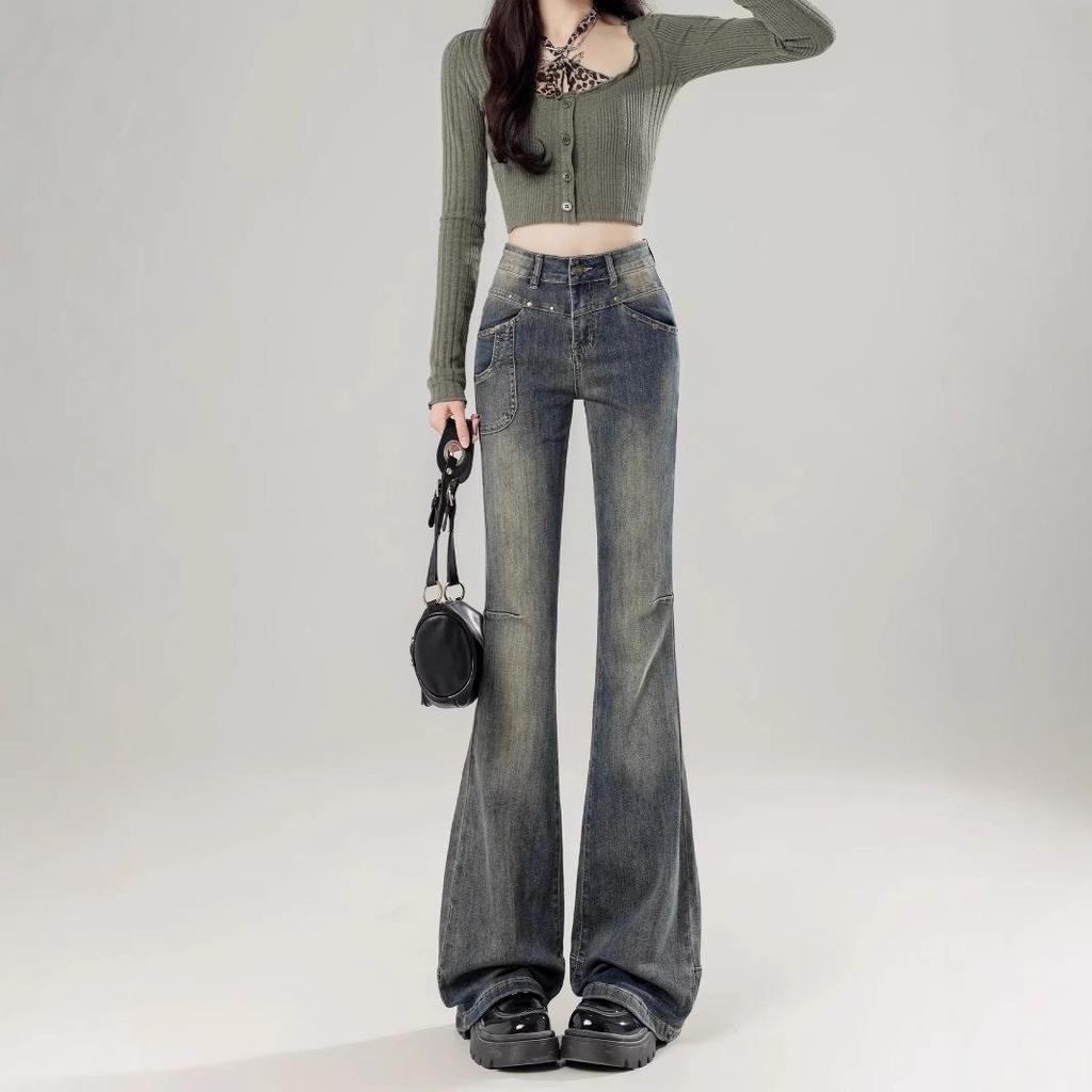 Women's Velvet Slim-Fit Micro-Flare Bell Bottom Jeans - Floor-Length, Autumn/Winter 2024 Collection