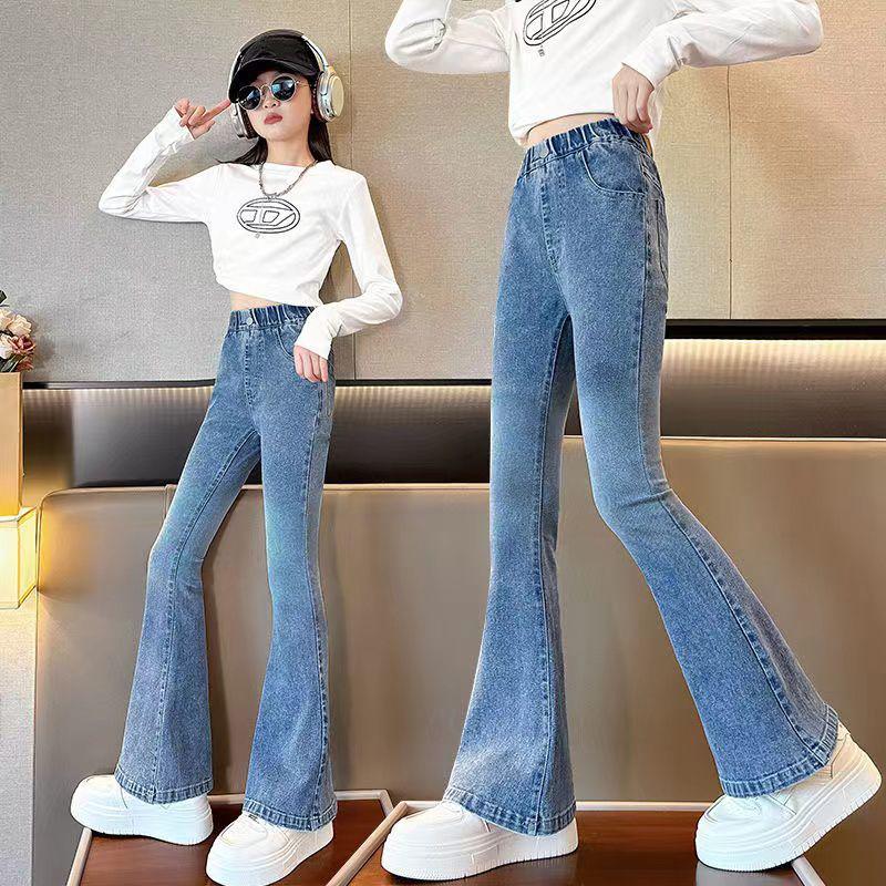 

Девочковые расклешенные джинсы - Коллекция Весна/Осень 2025, Эластичная талия, Повседневный стиль для детей 160 cm