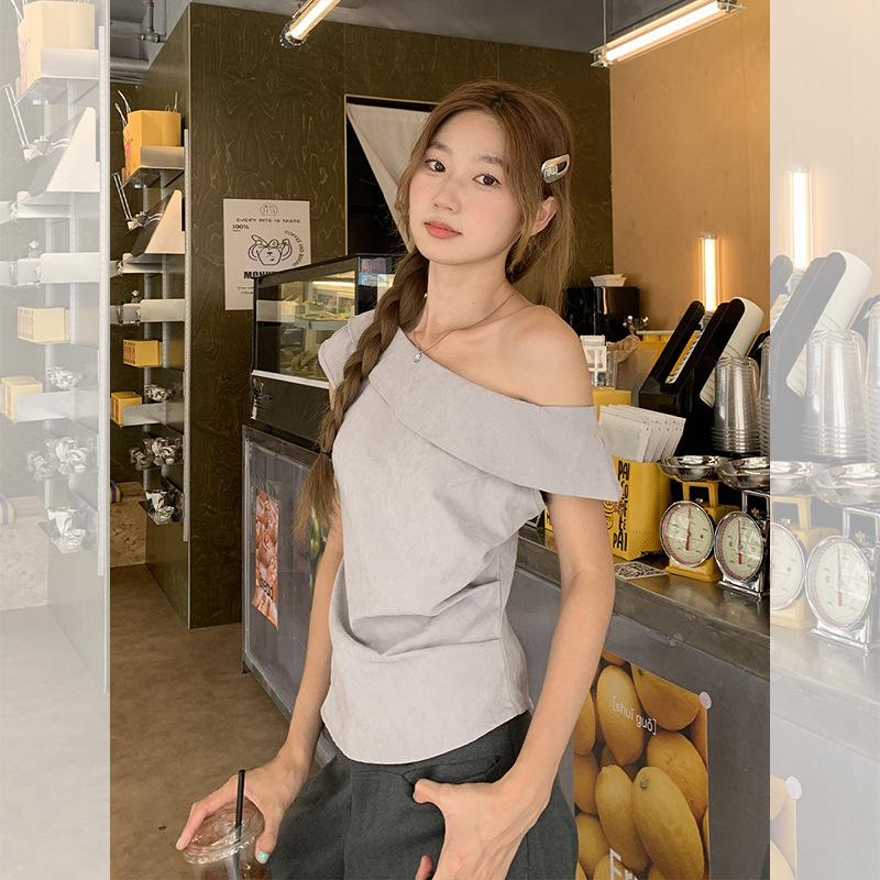 Korean Pure Desire Lapel Pleated Off-shoulder Slanted Shoulder Short-sleeved T-shirt Women's Summer New Irregular Design Top