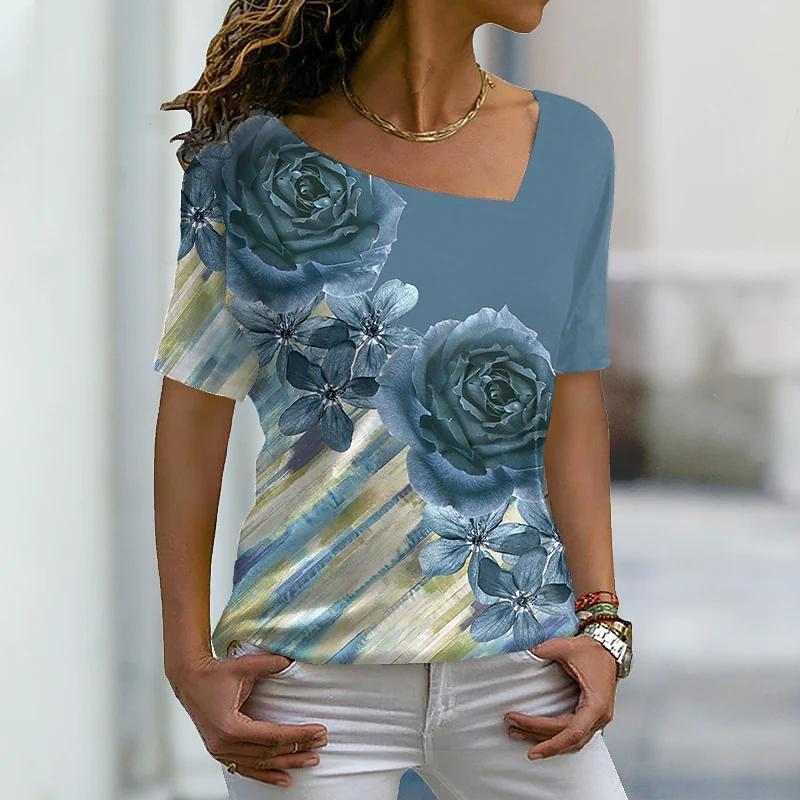 Summer Women's Floral Theme Printed Painting Pullover V Neck Flower Printed Streetwear Casual Oversized T Shirts Y2K Tops