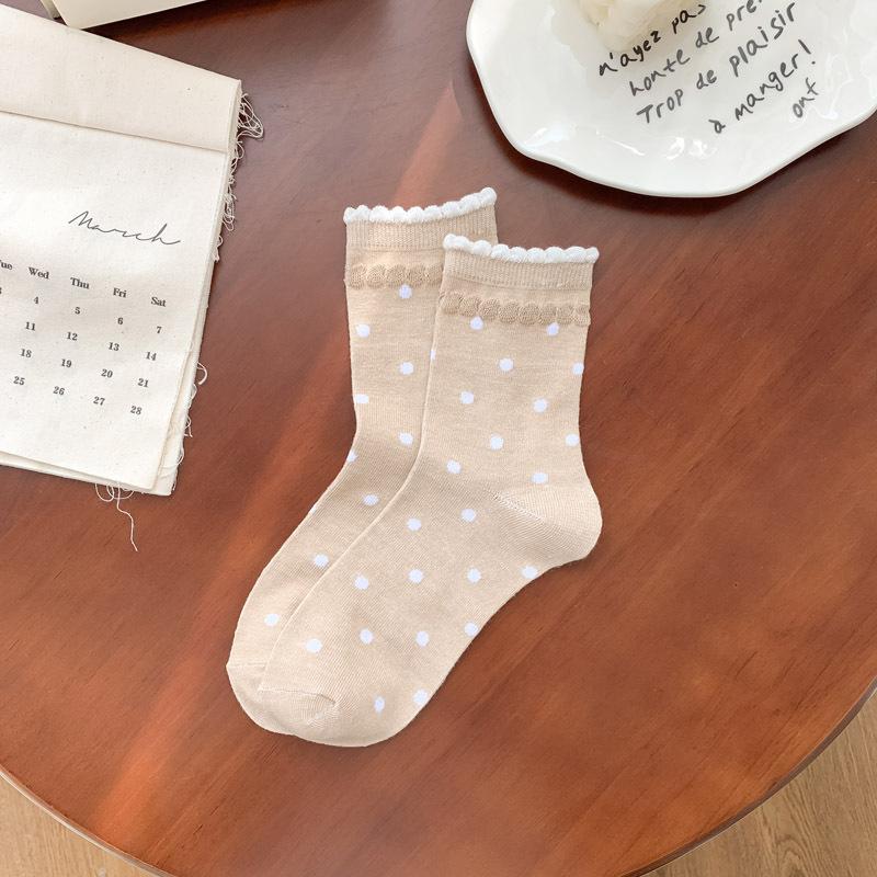 Women's Spring and Summer Thin Color Polka Dot Lace Bubble Mouth Tube Cotton Socks