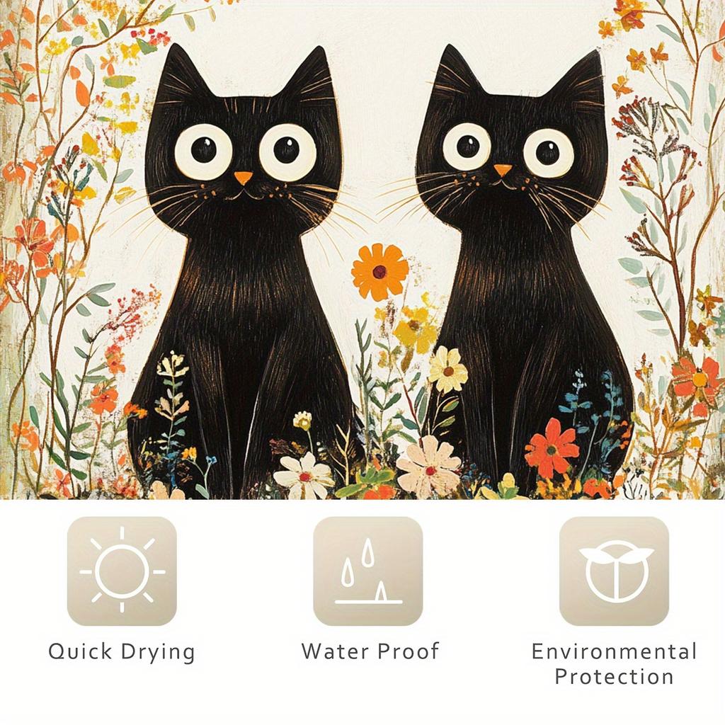 1 Charming Cat Floral Shower Curtain - Polyester, Machine Washable, With Hooks, Vibrant Black Cat And Colorful Flowers Pattern