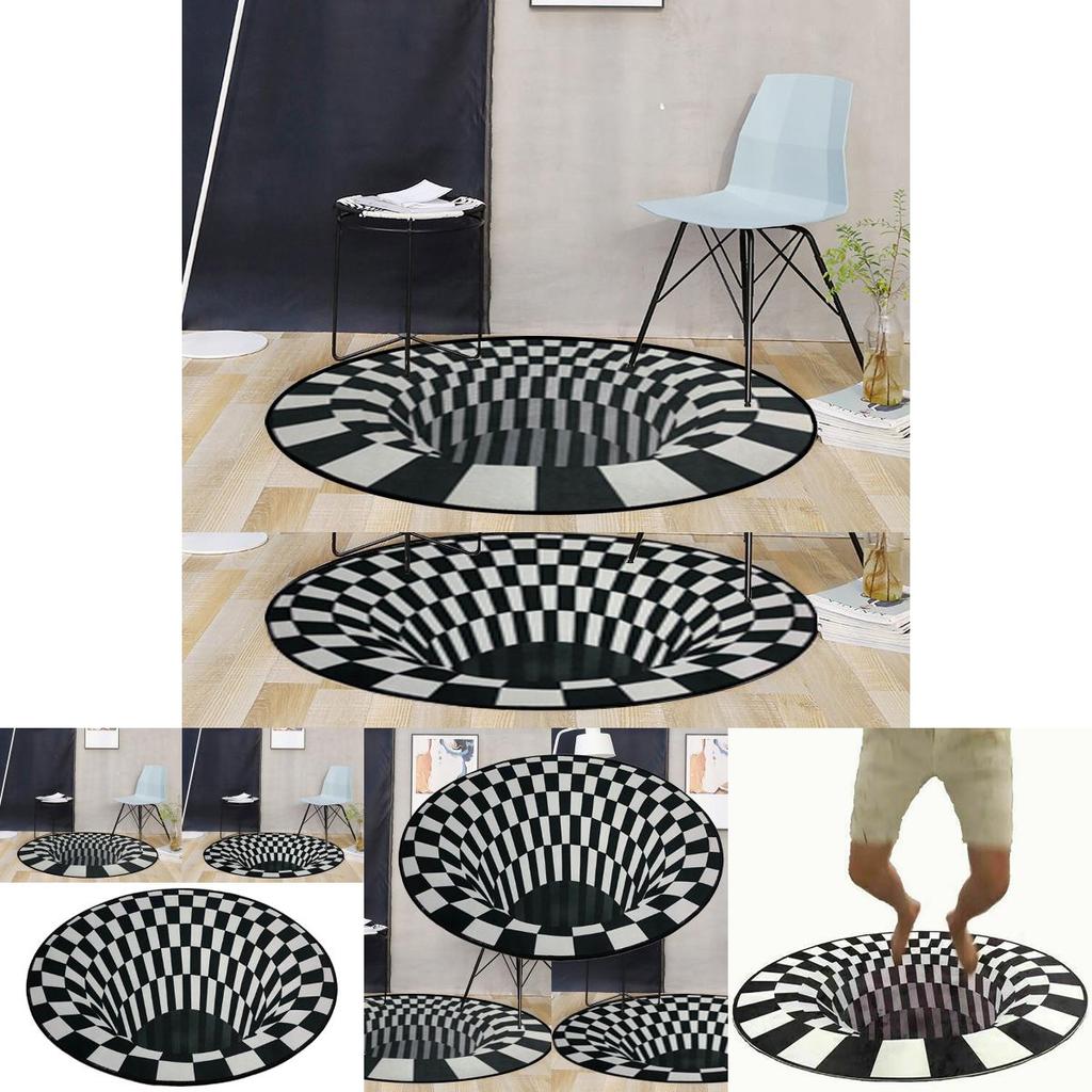 Luxurious Oval Black White Grid 3d Illusion Vortex Bottomless Hole Non-slip Carpet