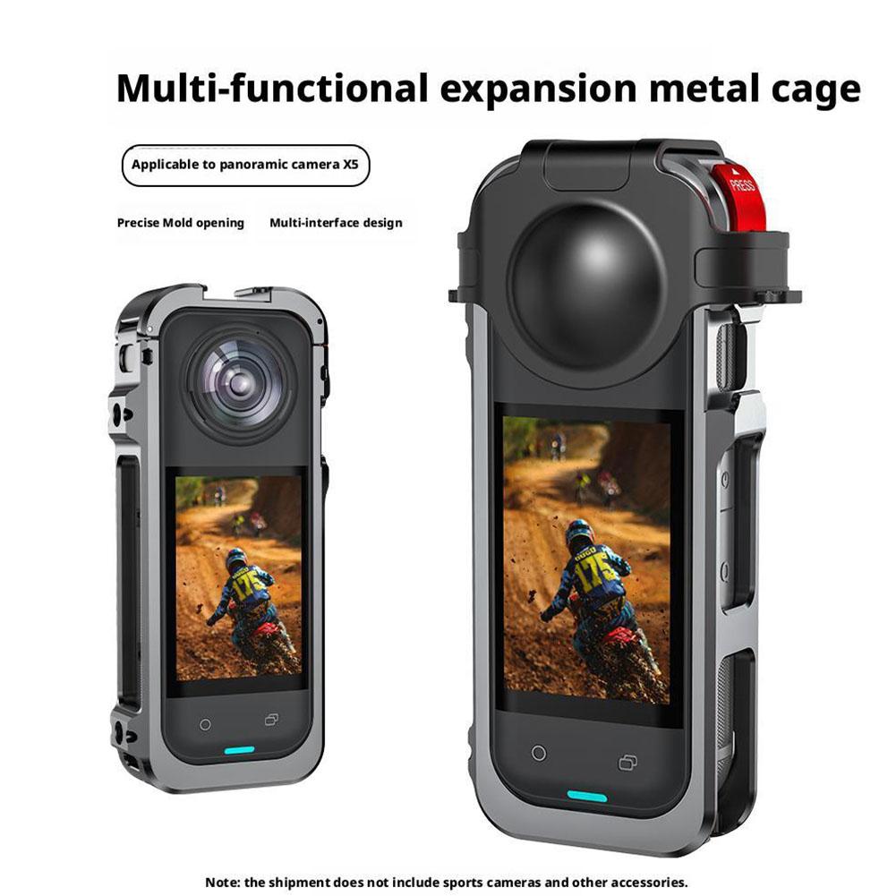 Metal Cage With Silicone Lens Cover For Insta360 X5 Camera Mount Bracket Frame Rabbit Cage With Cold Shoe and 1/4" Threads