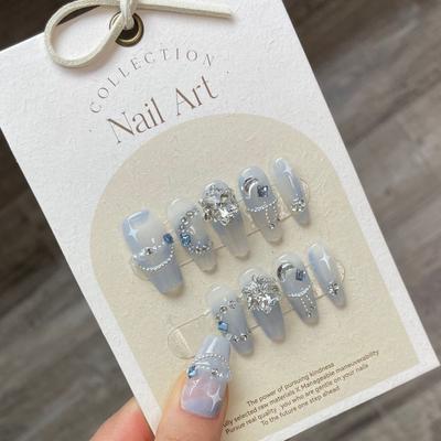 100% HANDMADE Fake Nail Set With Glue Snowflake Broken Diamond Crystal Haze Blue Phototherapy Nails Reusable and Removable Nails