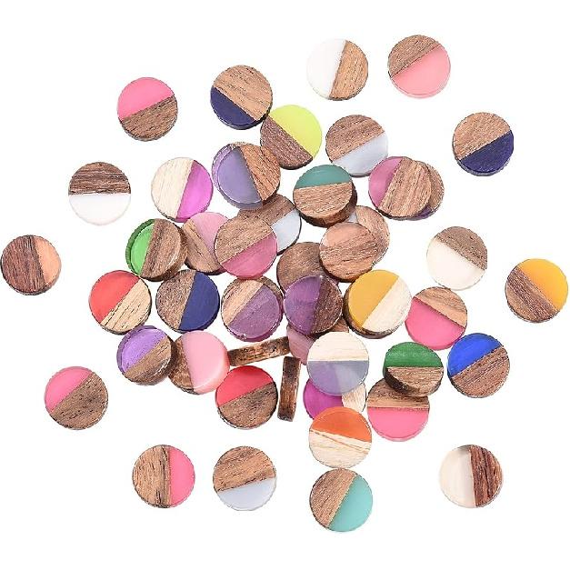 LiQunSweet 50 Pcs Handmade Mixed Random Color Vintage Natural Wood with Resin Cabochon Charm Bead Without Hole Round Shape for Necklace Earring