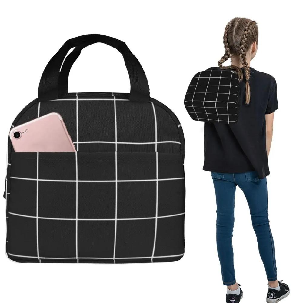 Black Checkered Insulated Lunch Bag for Women Kids Portable Food Boxes Thermal Lunch Box Tote