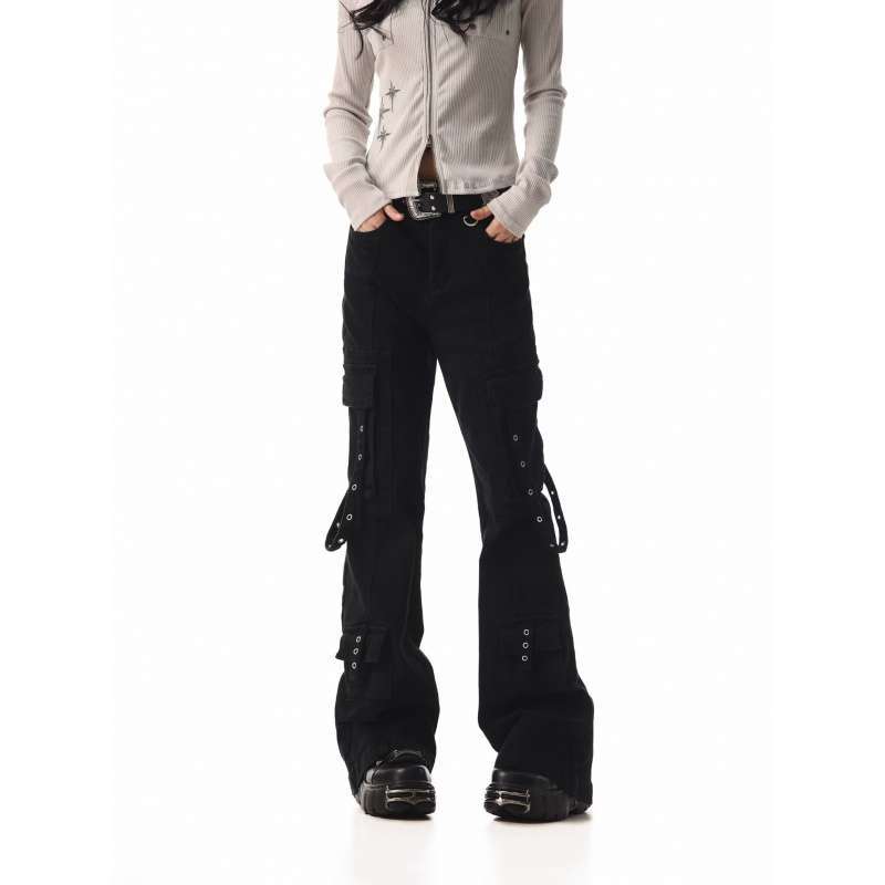 JYL Women s Bootcut Jeans Letter Print Rivet Patch Autumn Washed Denim Pants L