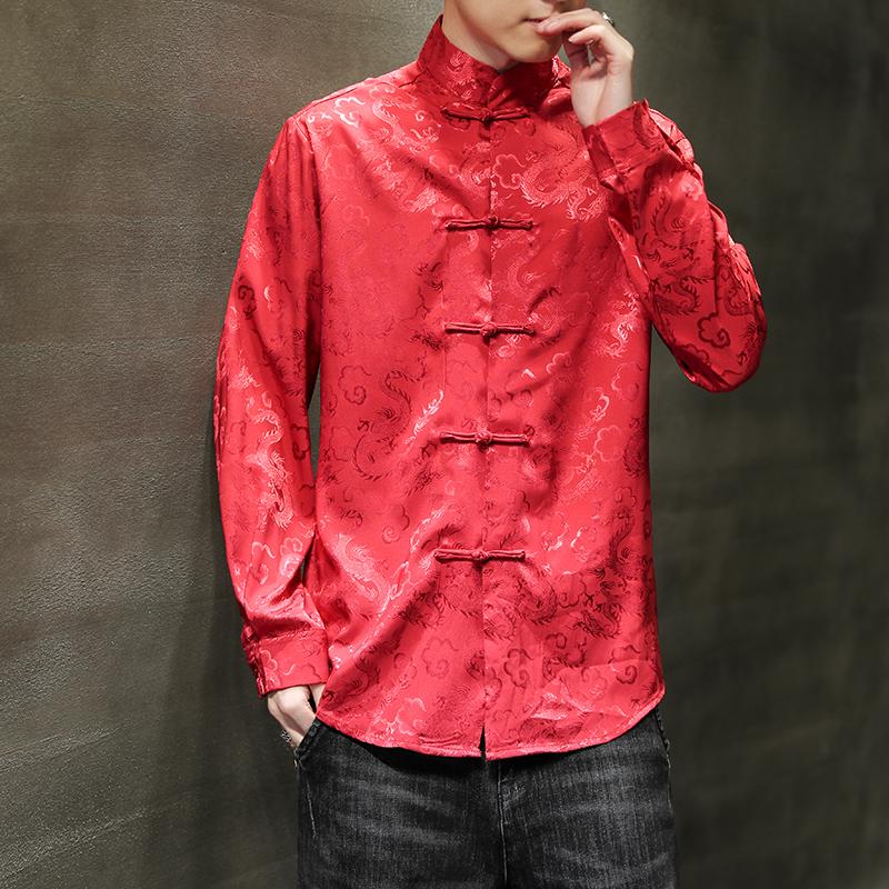 Men Chinese Style Vintage Shirt Mens Tops Tang Suit Fashion Solid Traditional Long Sleeve Stand-Up Collar White Shirt