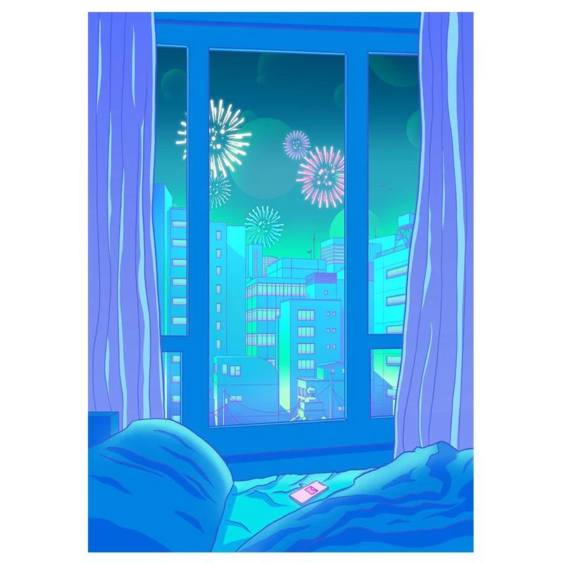 80s Vaporwave Style Wall Art Poster City Night Street Cat Canvas Painting Print Home Decoration Kawaii Room Decor Canvas Picture