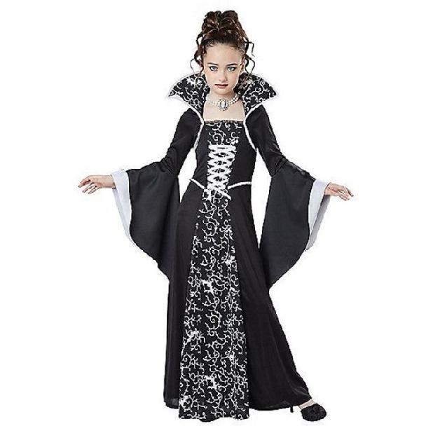 Robe Déguisement Sorcière Enfant, Tricot Coton Polyester, Manches Longues, Manches Évasées, Motif Imprimé, Blanc/Rouge Vin, Tailles 110-160cm