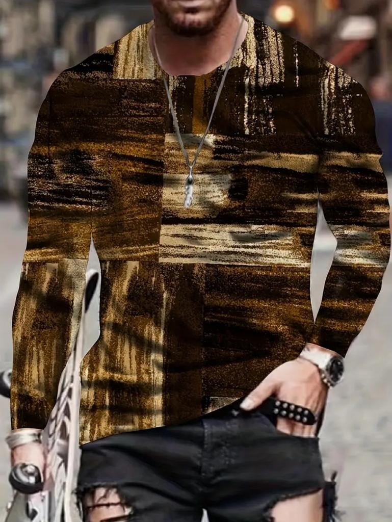 Vintage T-Shirt for Men Irregular Plaid Graphic T Shirts Round Neck Long Sleeve Tee Oversized Man Clothing Top Creative Clothing