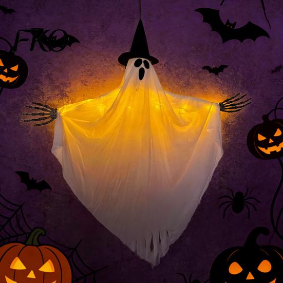 Halloween Party Backdrop Hanging Ghost with Witch Hat, Light Up Spooky Glowing Decoration Outdoor Decor for Porch Tree, Haunted House Scene