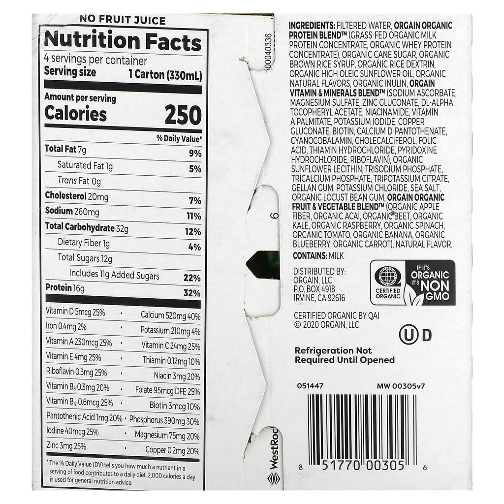 Orgain, Organic Nutrition, Nutritious Shakes, Iced Café Mocha, 4 packs, 11 fl oz (330 ml) each