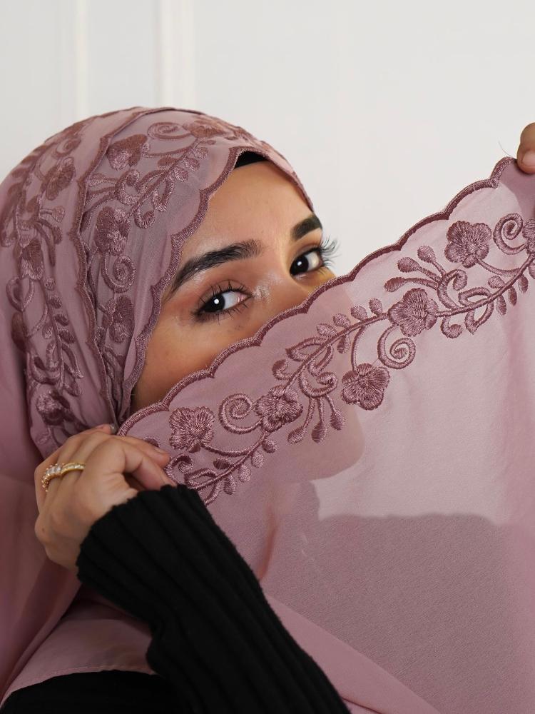 Embroidery Lace Chiffon Hijabs For Women Vine Heavy Pearl Industry Edge Long Scarf Light Scarf Headscarf Shawl Turban Ramadan