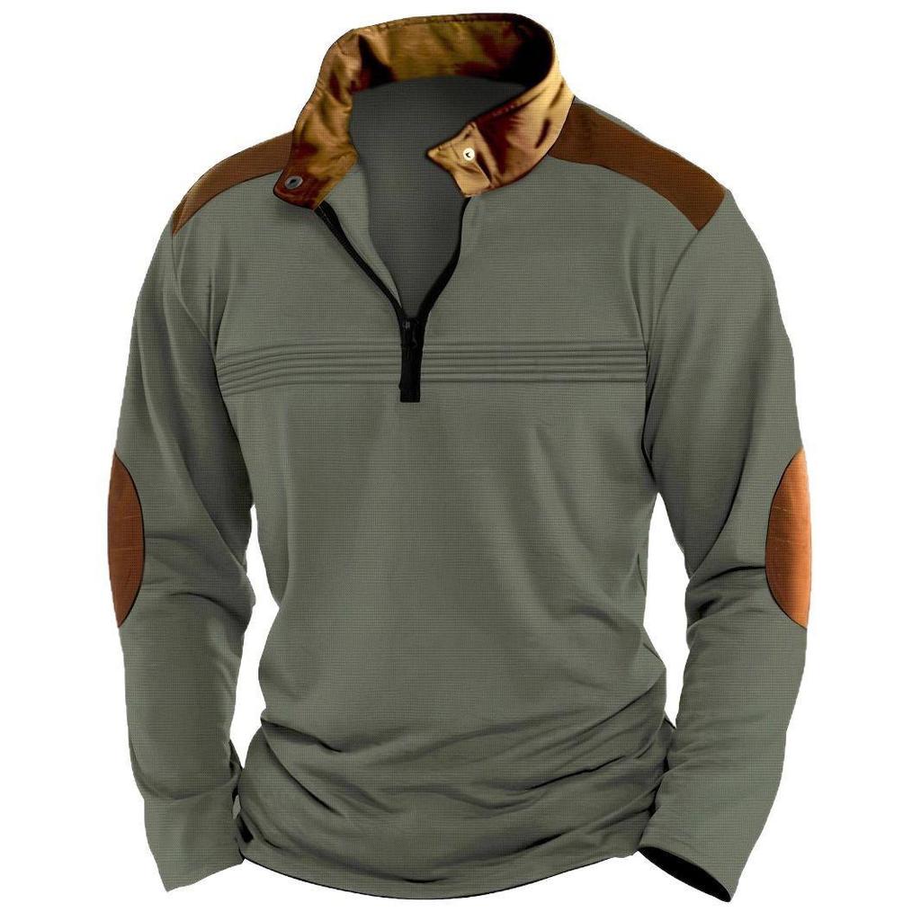 Herren Patchwork Reißverschluss Langarm Poloshirt